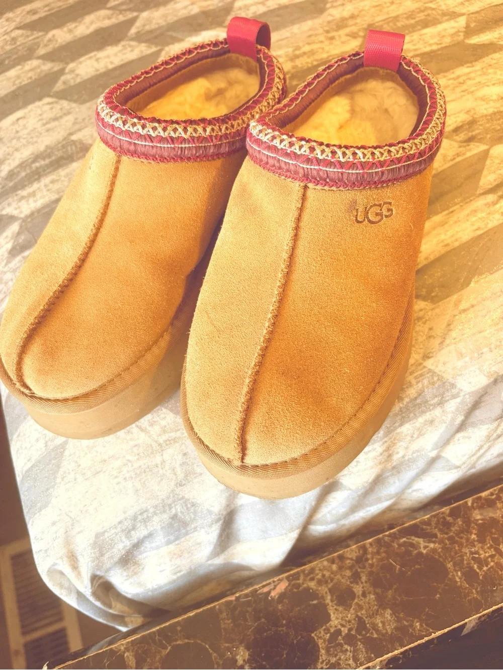 UGG Kids Chestnut Suede Slip-On Clogs with Pink Trim